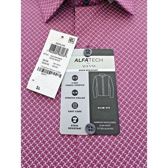 Alfani Men Puzzle-Print Dress Shirt Button Down Cotton Rose White 16-16 12 32-33 - Picture 3 of 5